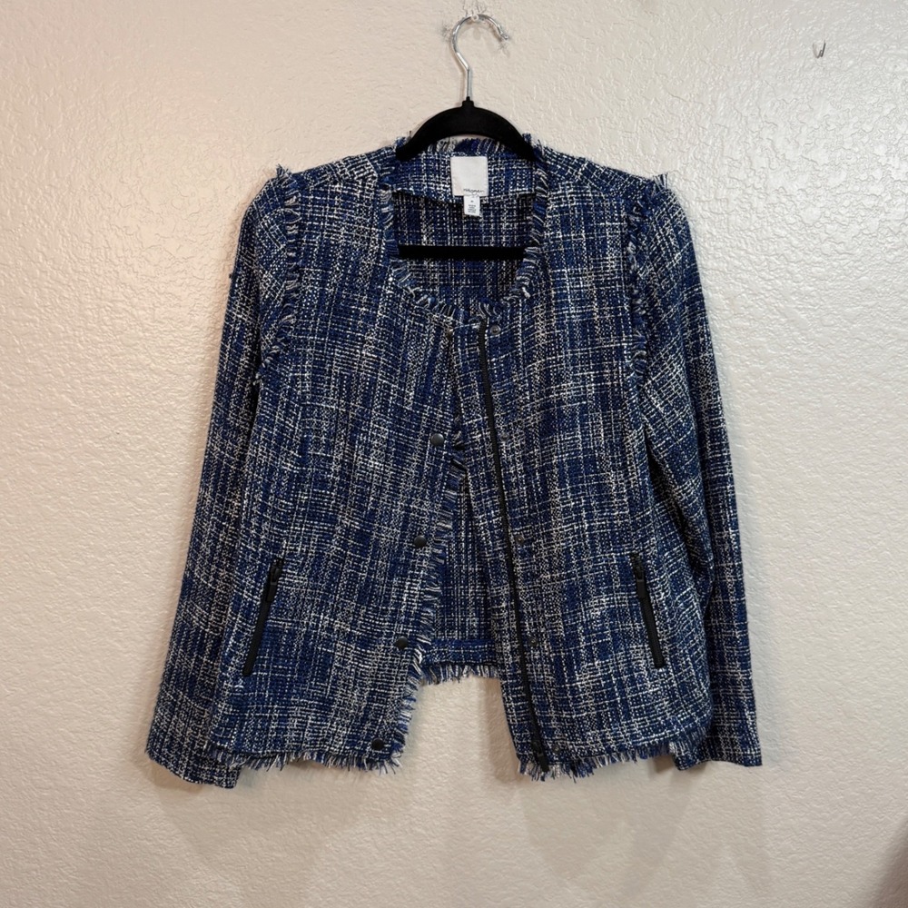 Halogen Blue Bouclé Tweed Fringe Jacket Sz M Preppy Professional Elevated Blazer